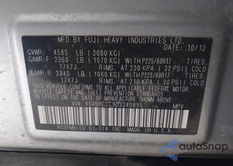 2013 Subaru Outback 2.5I Premium z USA, uszkodzony, nr VIN 4S4BRCCC9D3240895